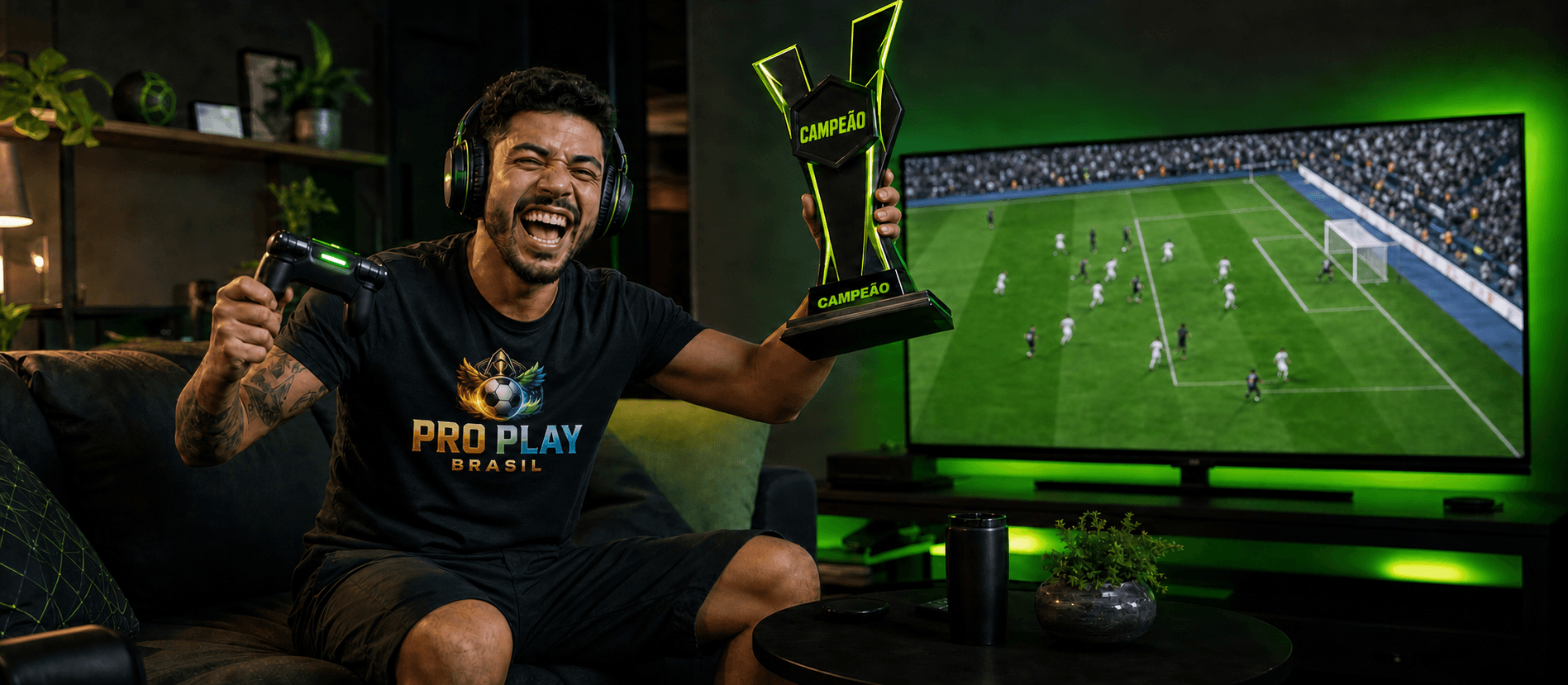 Jogador em casa com headset, controle e troféu Pro Play Brasil diante de uma partida de futebol na TV